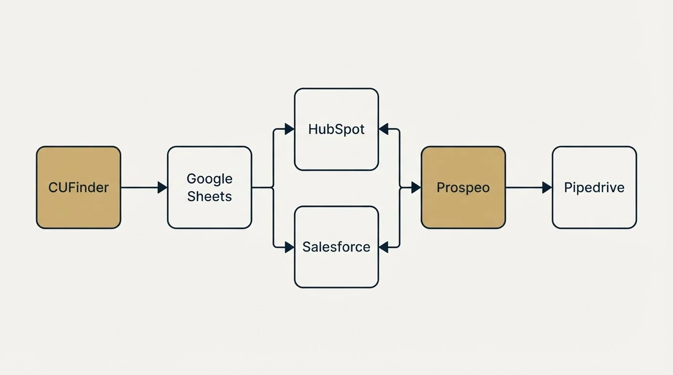 Integration flow: Integration Ecosystem (CUFinder, Prospeo, HubSpot, Salesforce)