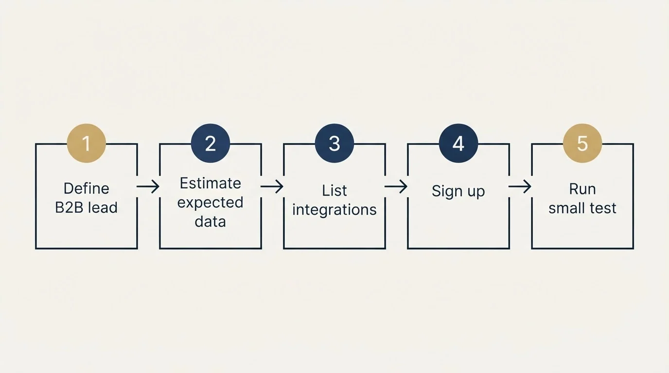Step sequence: Getting Started Checklist (Define B2B lead, Estimate expected data, List integrations, Sign up)