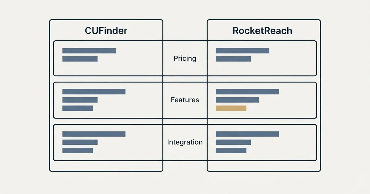 Comparison panel: CUFinder vs RocketReach (Pricing, Features, Integration)