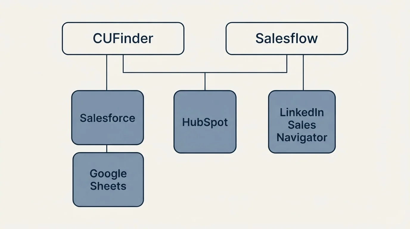 Integration grid: Integration Ecosystem (CUFinder, Salesflow, HubSpot, Salesforce)