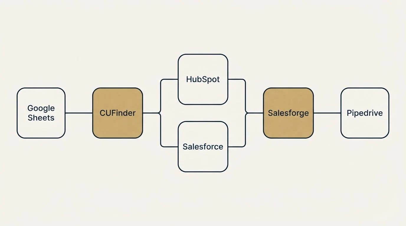 Integration flow: Integration Ecosystem (CUFinder, Salesforge, HubSpot, Salesforce)