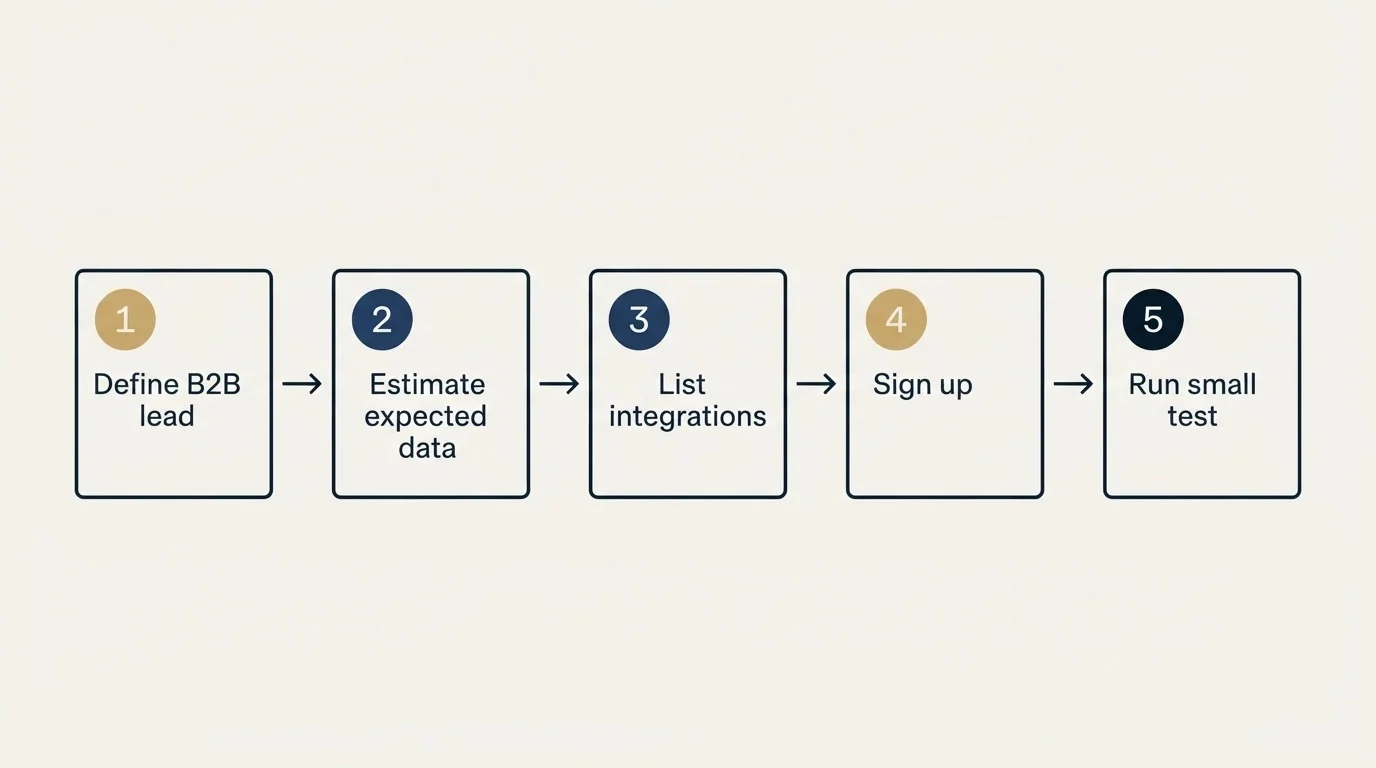 Step sequence: Getting Started Checklist (Define B2B lead, Estimate expected data, List integrations, Sign up)
