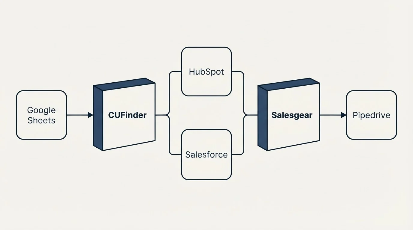 Integration flow: Integration Ecosystem (CUFinder, Salesgear, HubSpot, Salesforce)