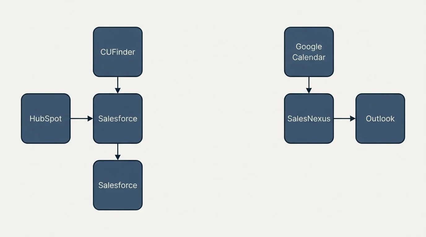 Integration schematic: Integration Ecosystem (CUFinder, SalesNexus, HubSpot, Google Calendar)