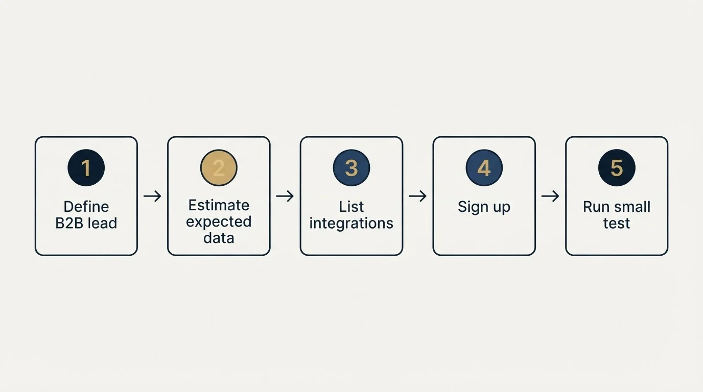 Step sequence: Getting Started Checklist (Define B2B lead, Estimate expected data, List integrations, Sign up)