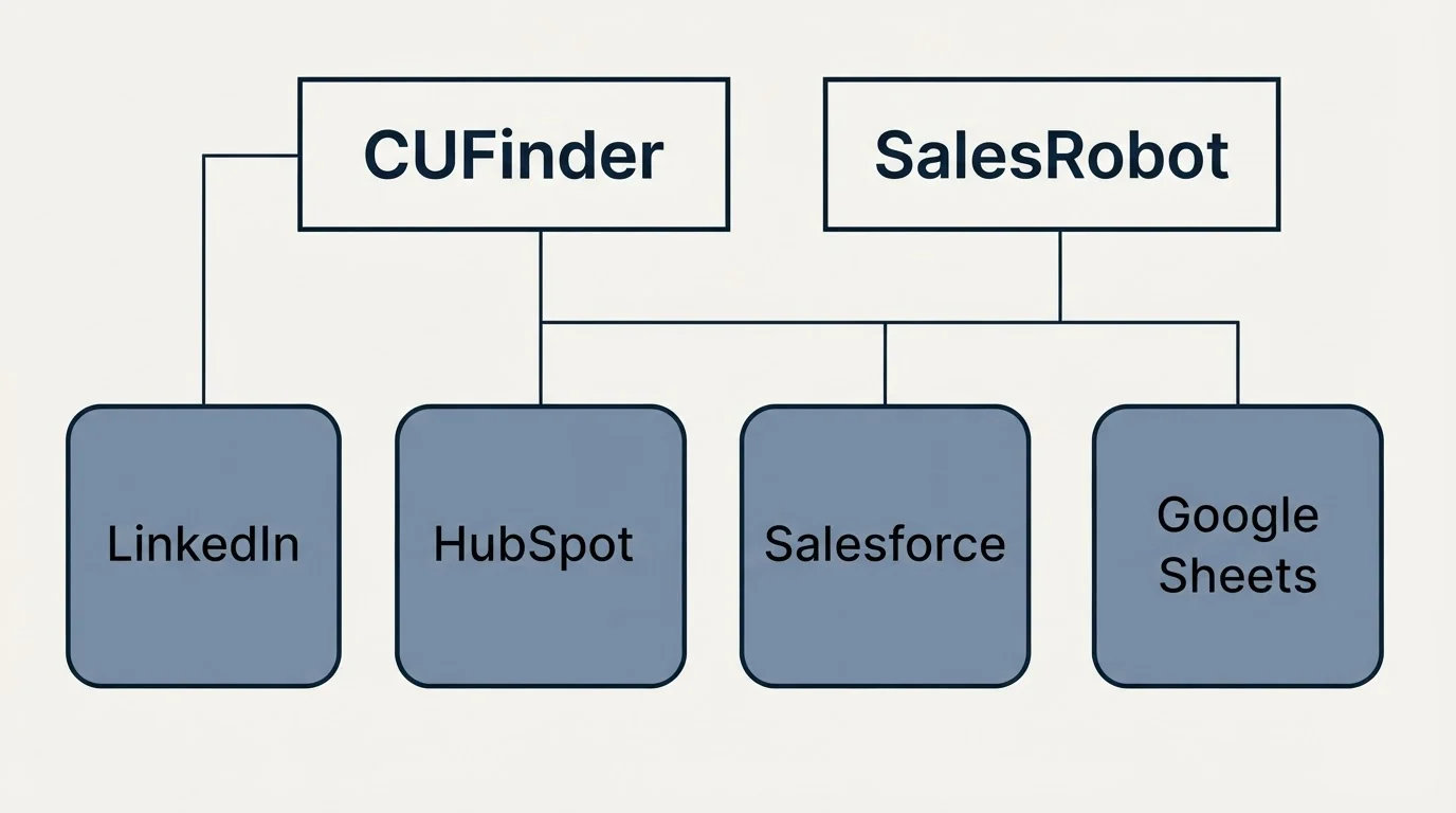 Integration grid: Integration Ecosystem (CUFinder, SalesRobot, HubSpot, Salesforce)