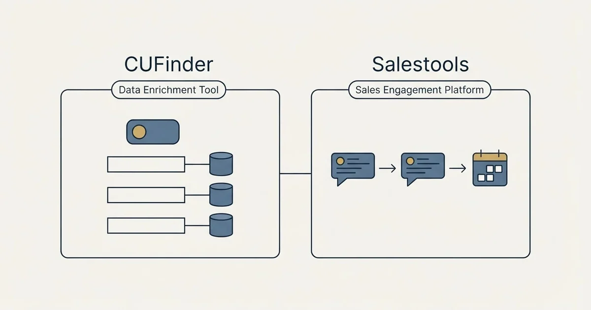 Side-by-side panels: CUFinder vs Salestools (Data Enrichment Tool, Sales Engagement Platform)