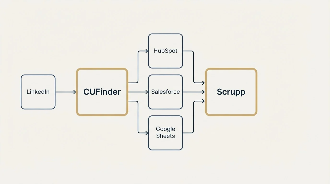 Integration schematic: Integration Ecosystem (CUFinder, Scrupp, HubSpot, Salesforce)