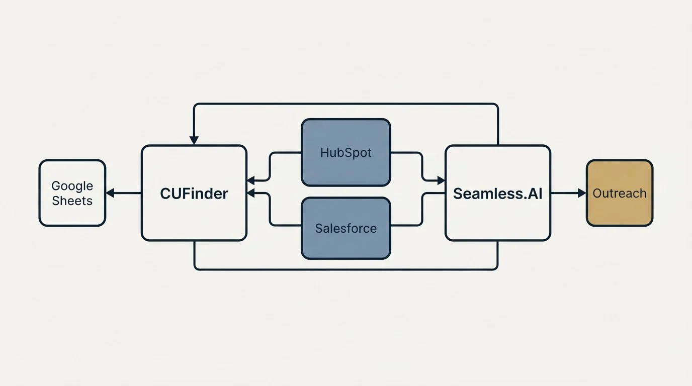 Integration schematic: Integration Ecosystem (CUFinder, Seamless.AI, HubSpot, Salesforce)