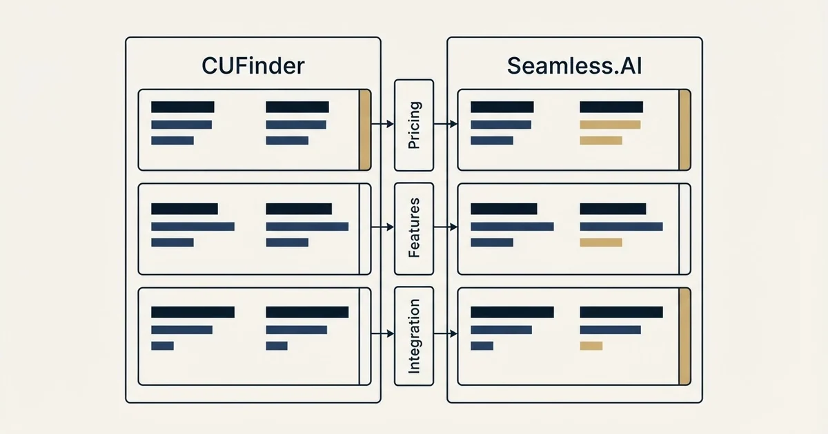 Comparison panel: CUFinder vs Seamless.AI (Pricing, Features, Integration)