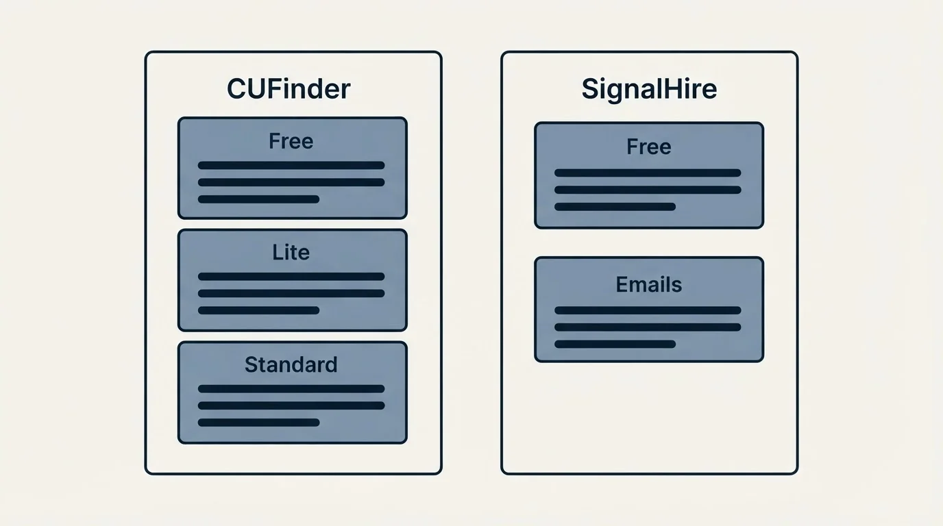 Pricing panels: Pricing Comparison (CUFinder, SignalHire, Free, Lite)