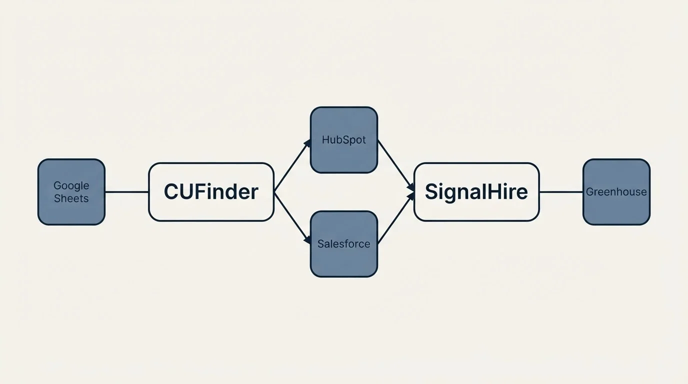 Integration schematic: Integration Ecosystem (CUFinder, SignalHire, HubSpot, Salesforce)