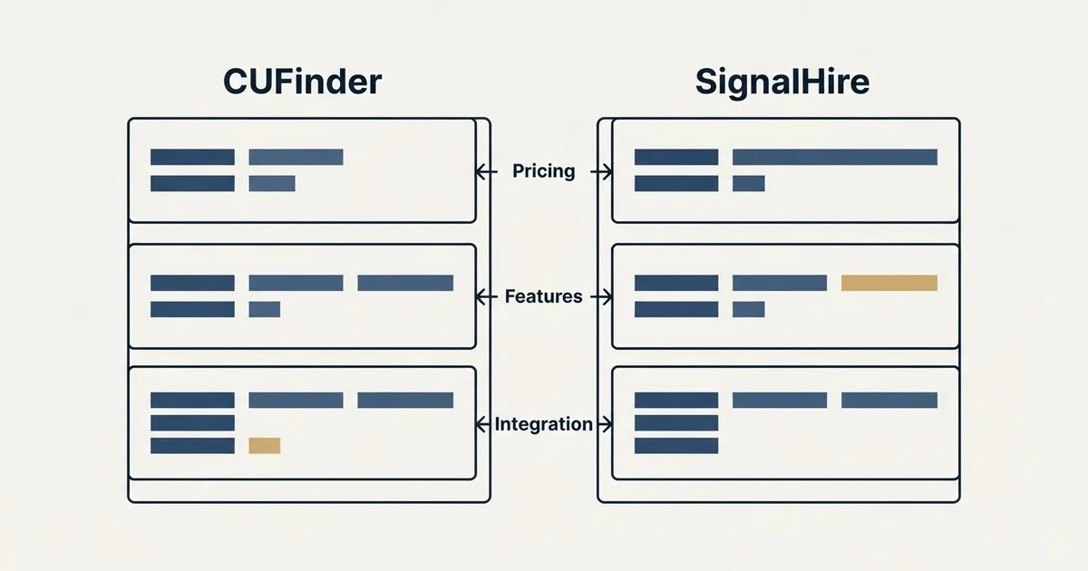 Comparison panel: CUFinder vs SignalHire (Pricing, Features, Integration)