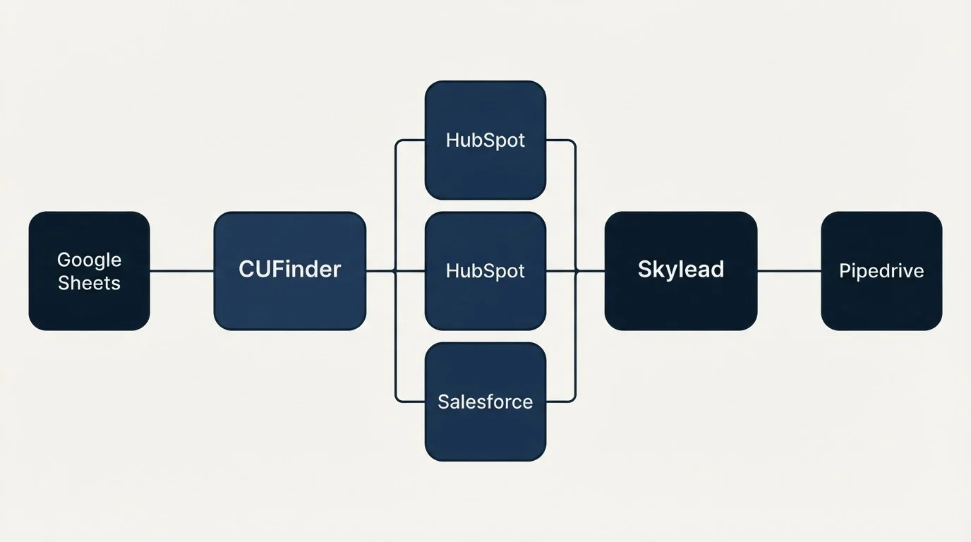 Integration flow: Integration Ecosystem (CUFinder, Skylead, HubSpot, Salesforce)