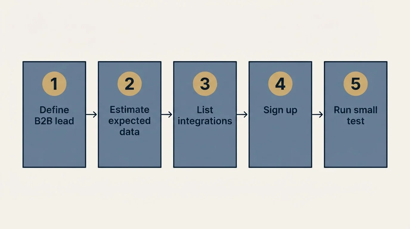 Step sequence: Getting Started Checklist (Define B2B lead, Estimate expected data, List integrations, Sign up)