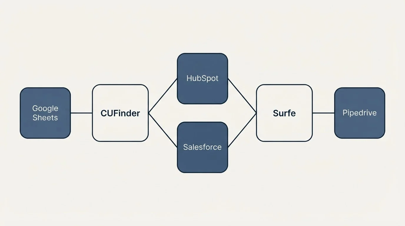 Integration schematic: Integration Ecosystem (CUFinder, Surfe, HubSpot, Salesforce)
