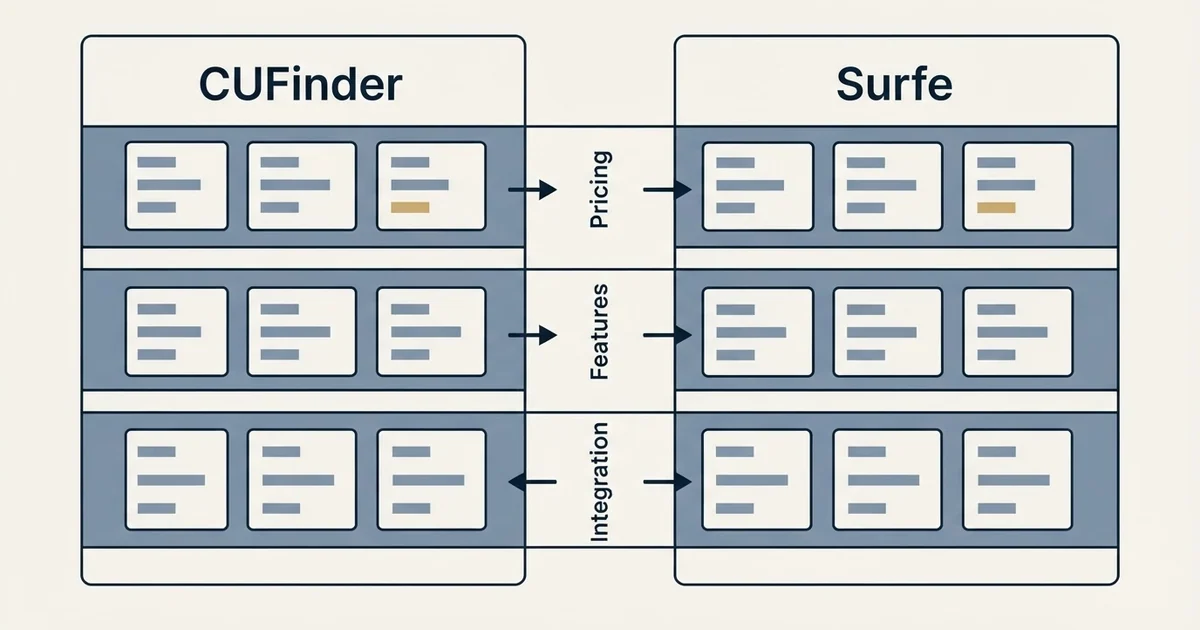 Comparison panel: CUFinder vs Surfe (Pricing, Features, Integration)