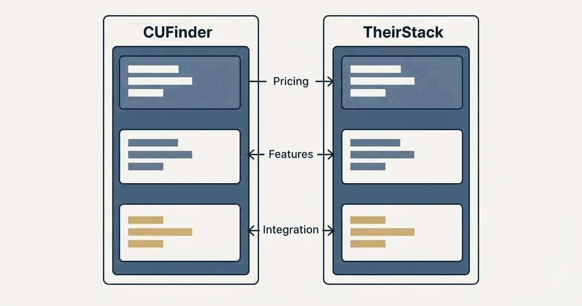Comparison panel: CUFinder vs TheirStack (Pricing, Features, Integration)