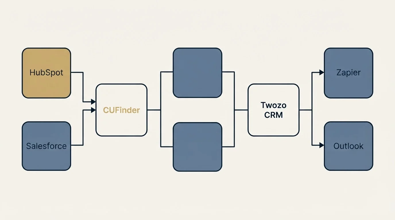 Integration flow: Integration Ecosystem (CUFinder, Twozo CRM, HubSpot, Zapier)