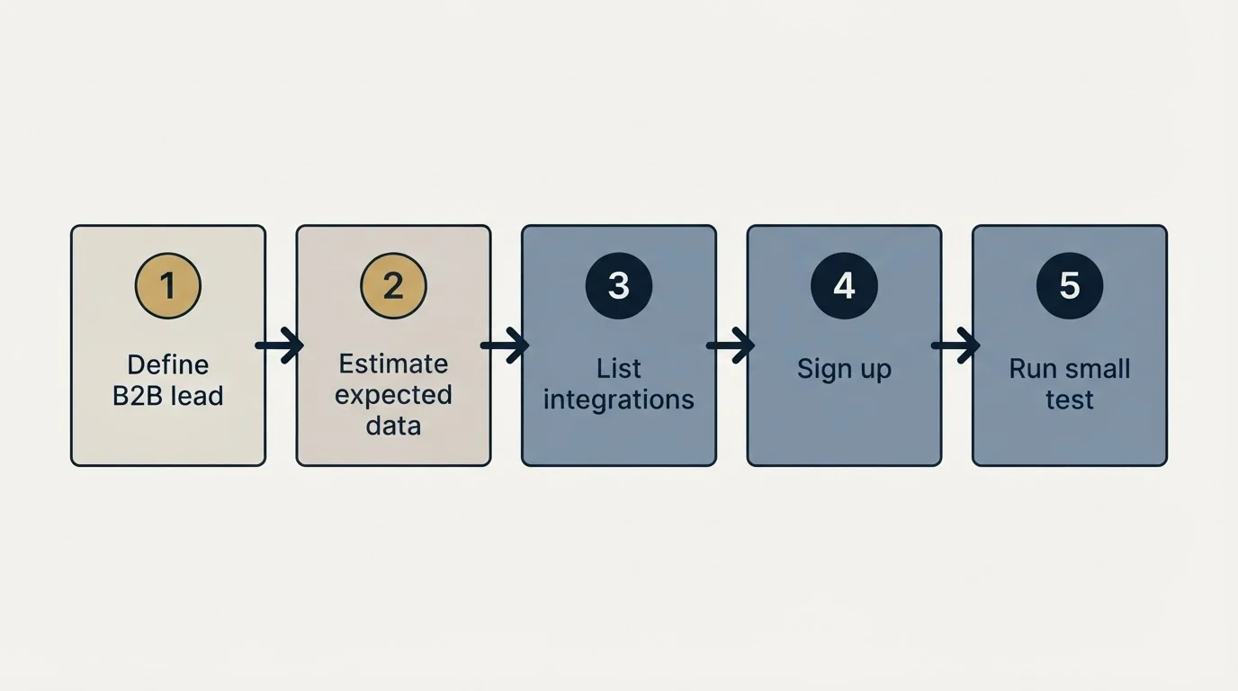 Step sequence: Getting Started Checklist (Define B2B lead, Estimate expected data, List integrations, Sign up)