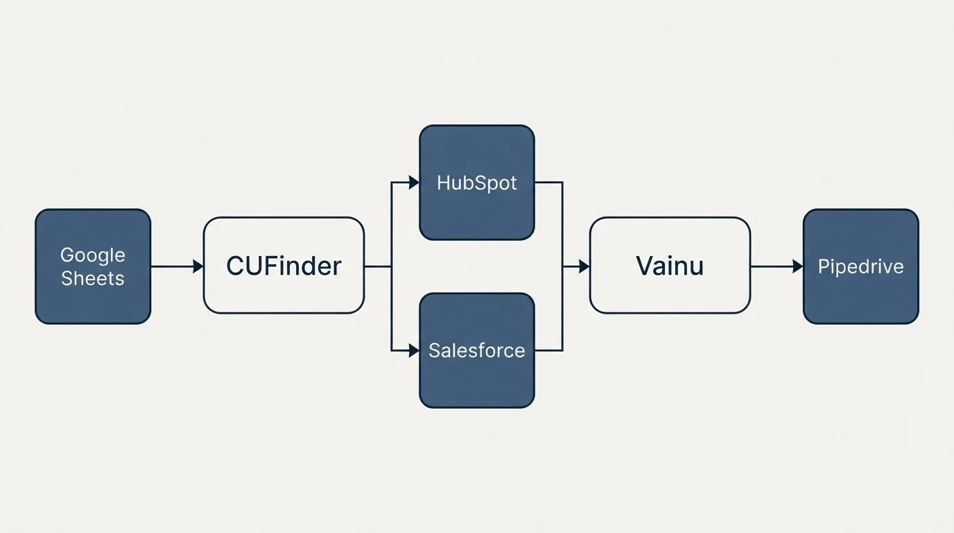 Integration flow: Integration Ecosystem (CUFinder, Vainu, HubSpot, Salesforce)