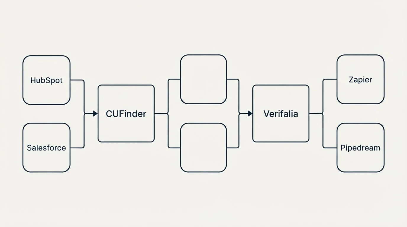 Integration flow: Integration Ecosystem (CUFinder, Verifalia, HubSpot, Zapier)