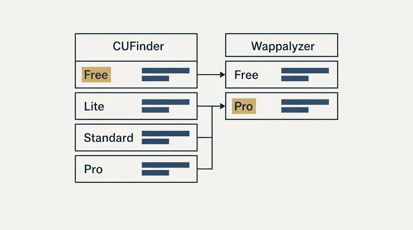 Pricing table: Pricing Comparison (CUFinder, Wappalyzer, Free, Lite)