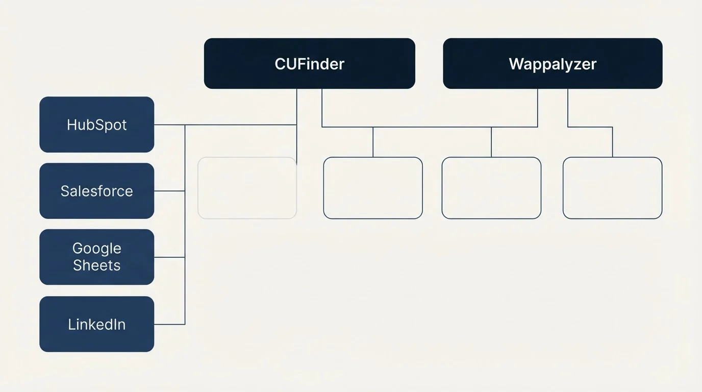 Integration grid: Integration Ecosystem (CUFinder, Wappalyzer, HubSpot, Salesforce)