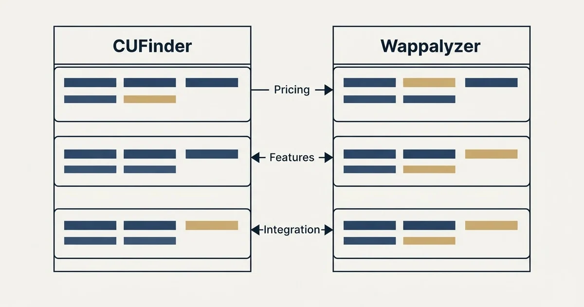 Comparison panel: CUFinder vs Wappalyzer (Pricing, Features, Integration)