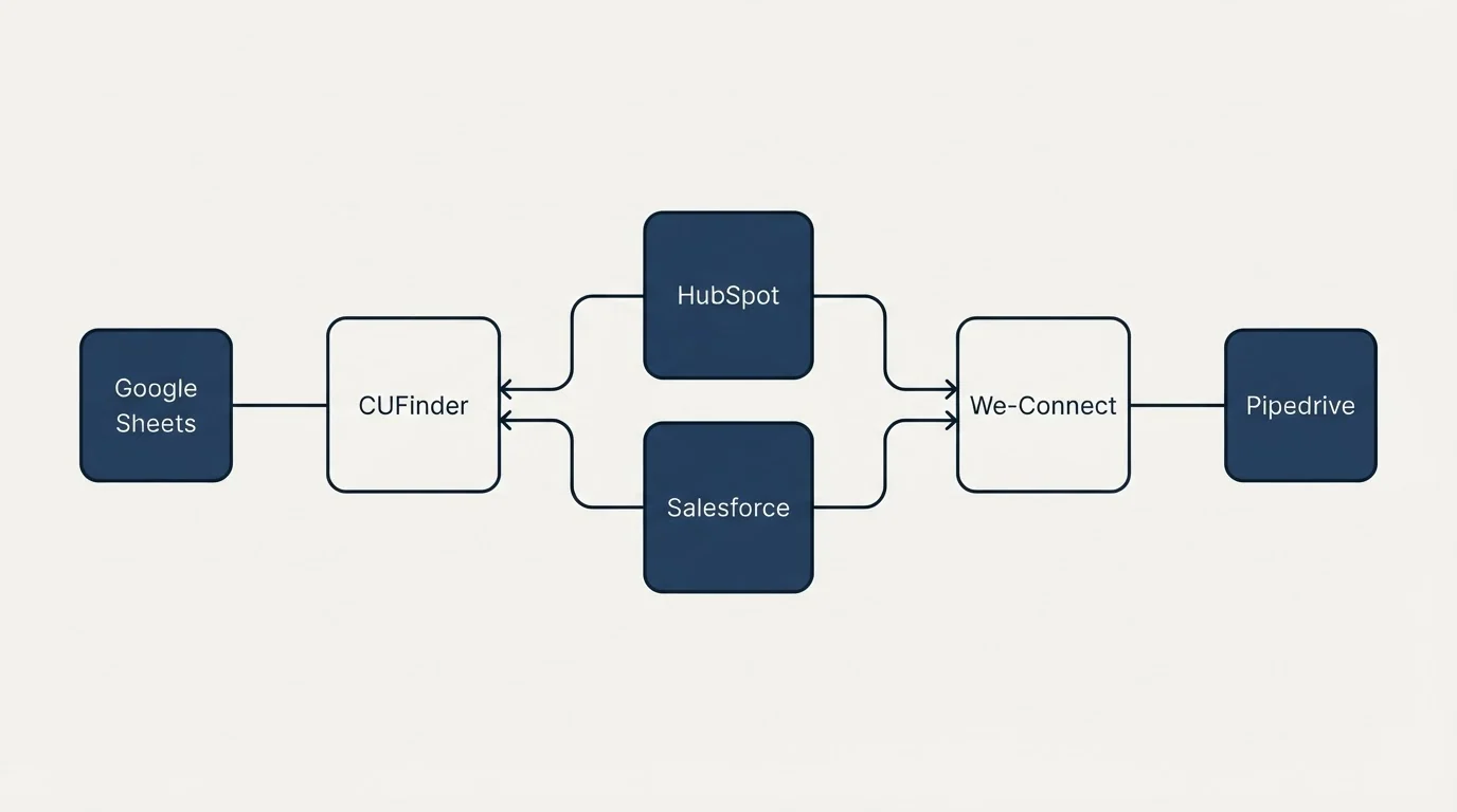 Integration schematic: Integration Ecosystem (CUFinder, We-Connect, HubSpot, Salesforce)