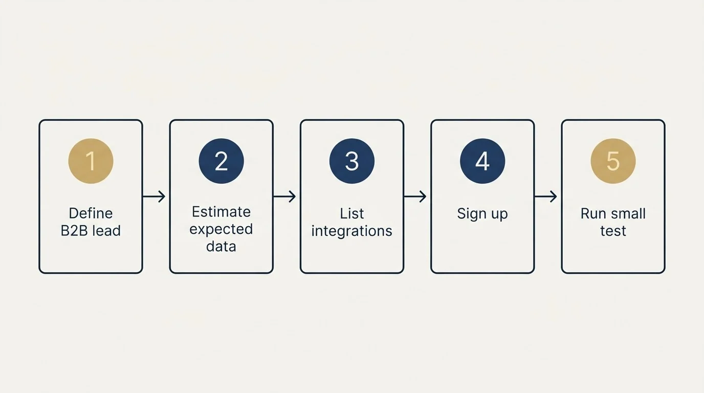 Step sequence: Getting Started Checklist (Define B2B lead, Estimate expected data, List integrations, Sign up)