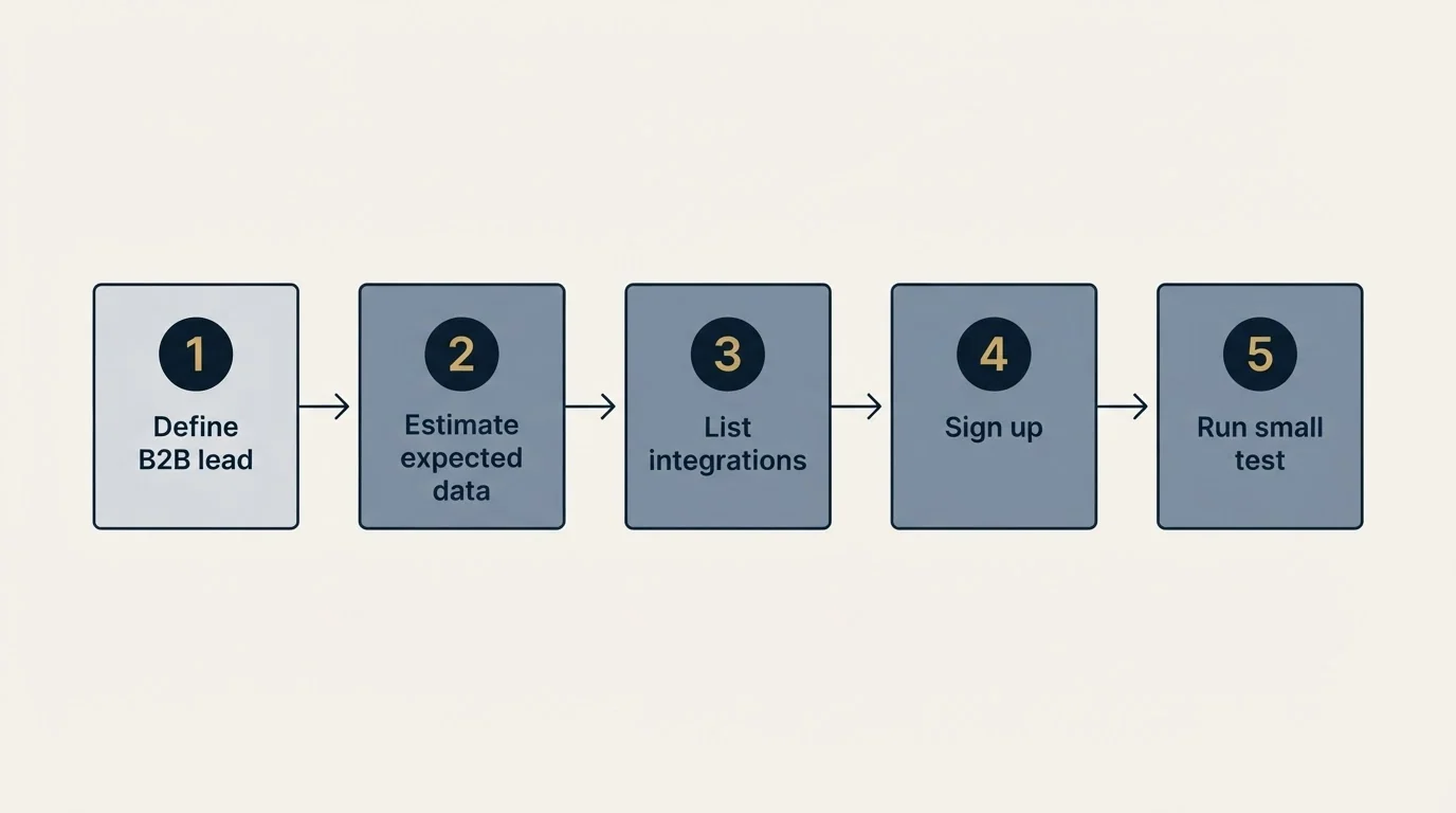 Step sequence: Getting Started Checklist (Define B2B lead, Estimate expected data, List integrations, Sign up)