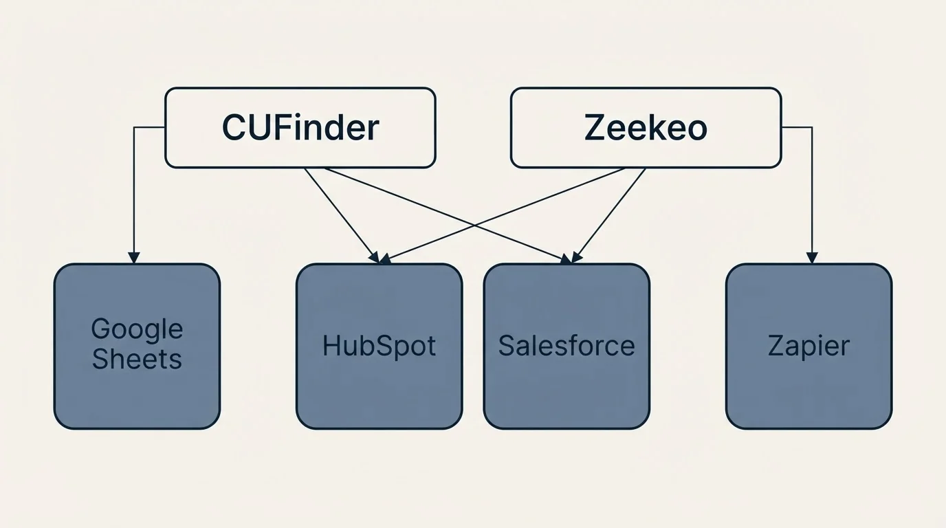 Integration grid: Integration Ecosystem (CUFinder, Zeekeo, HubSpot, Salesforce)