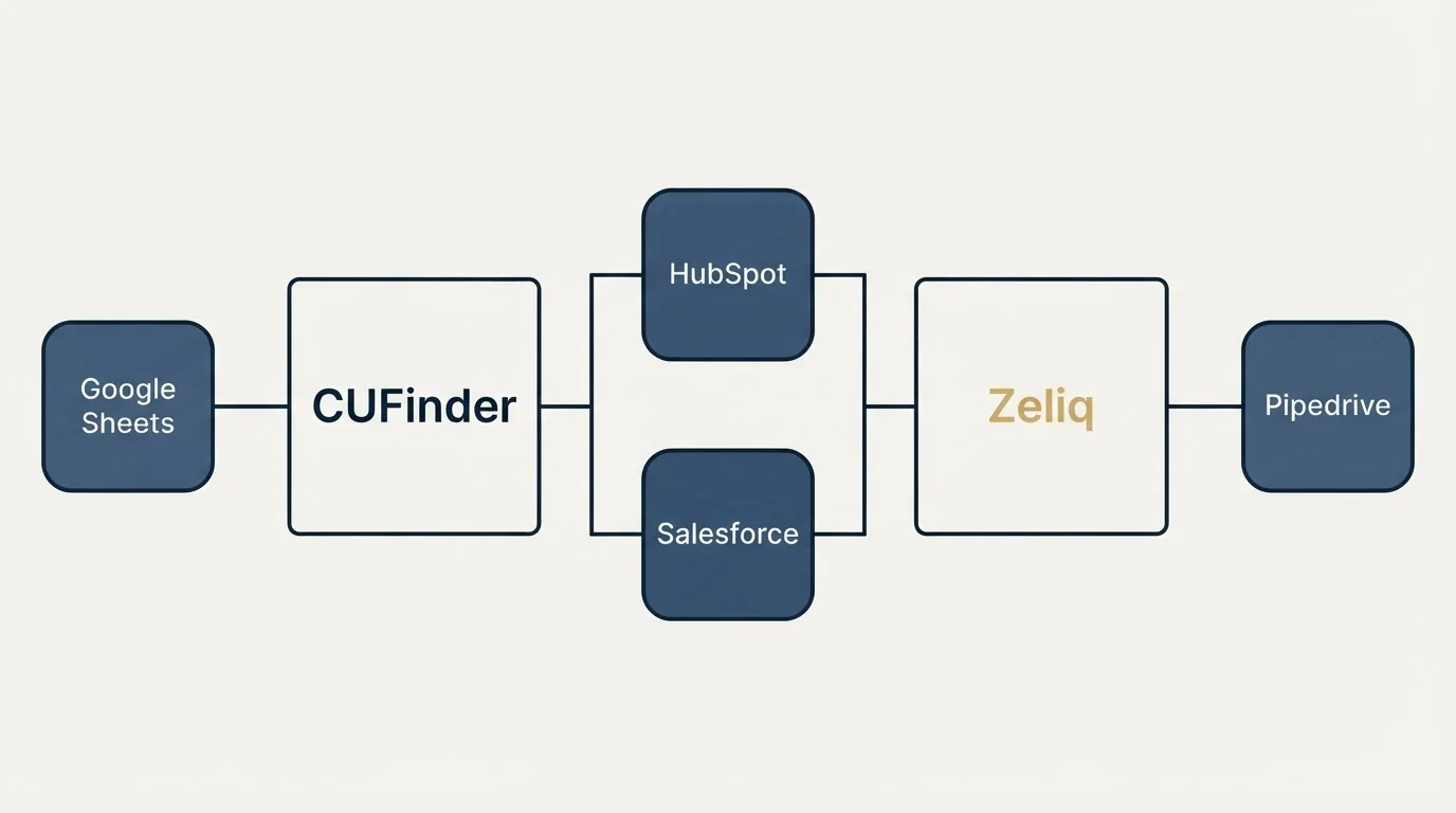 Integration flow: Integration Ecosystem (CUFinder, Zeliq, HubSpot, Salesforce)