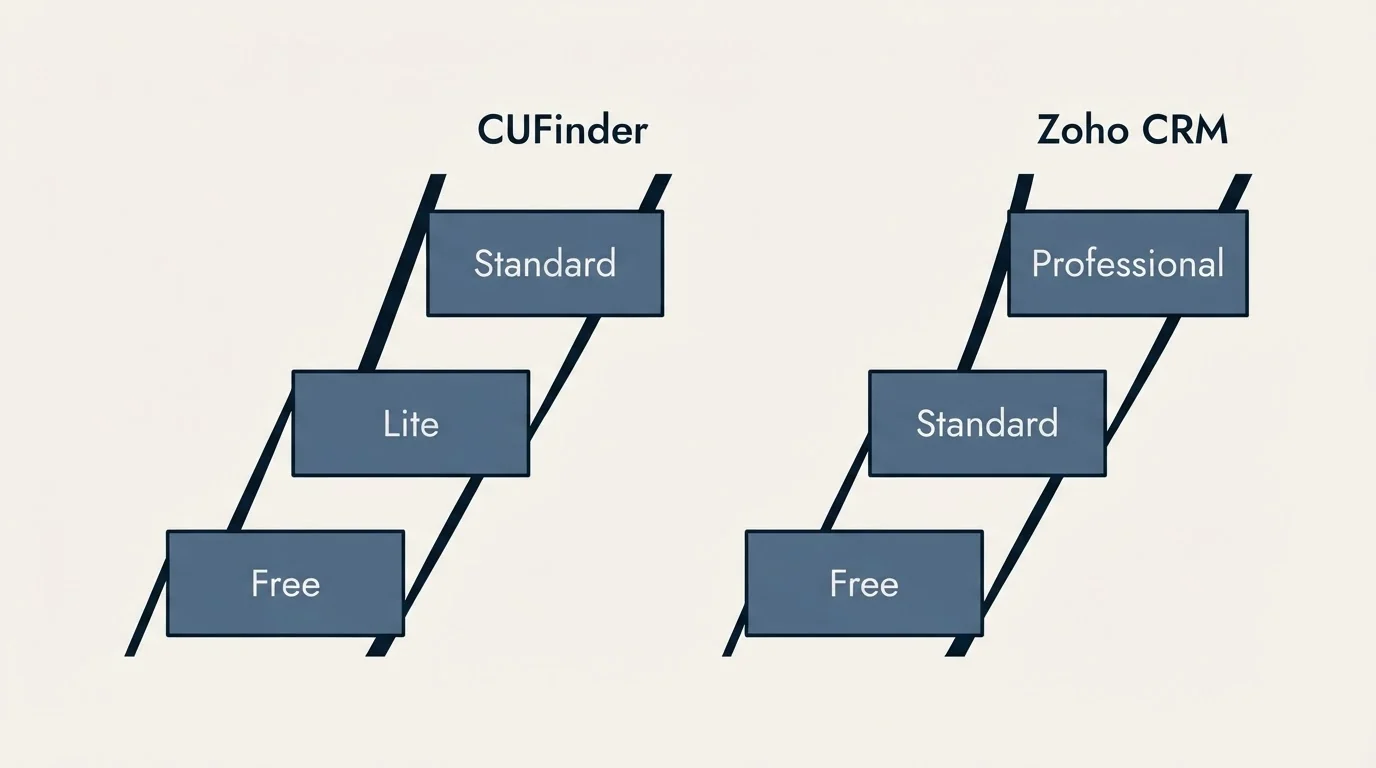 Pricing ladder: Pricing Comparison (CUFinder, Zoho CRM, Free, Lite)