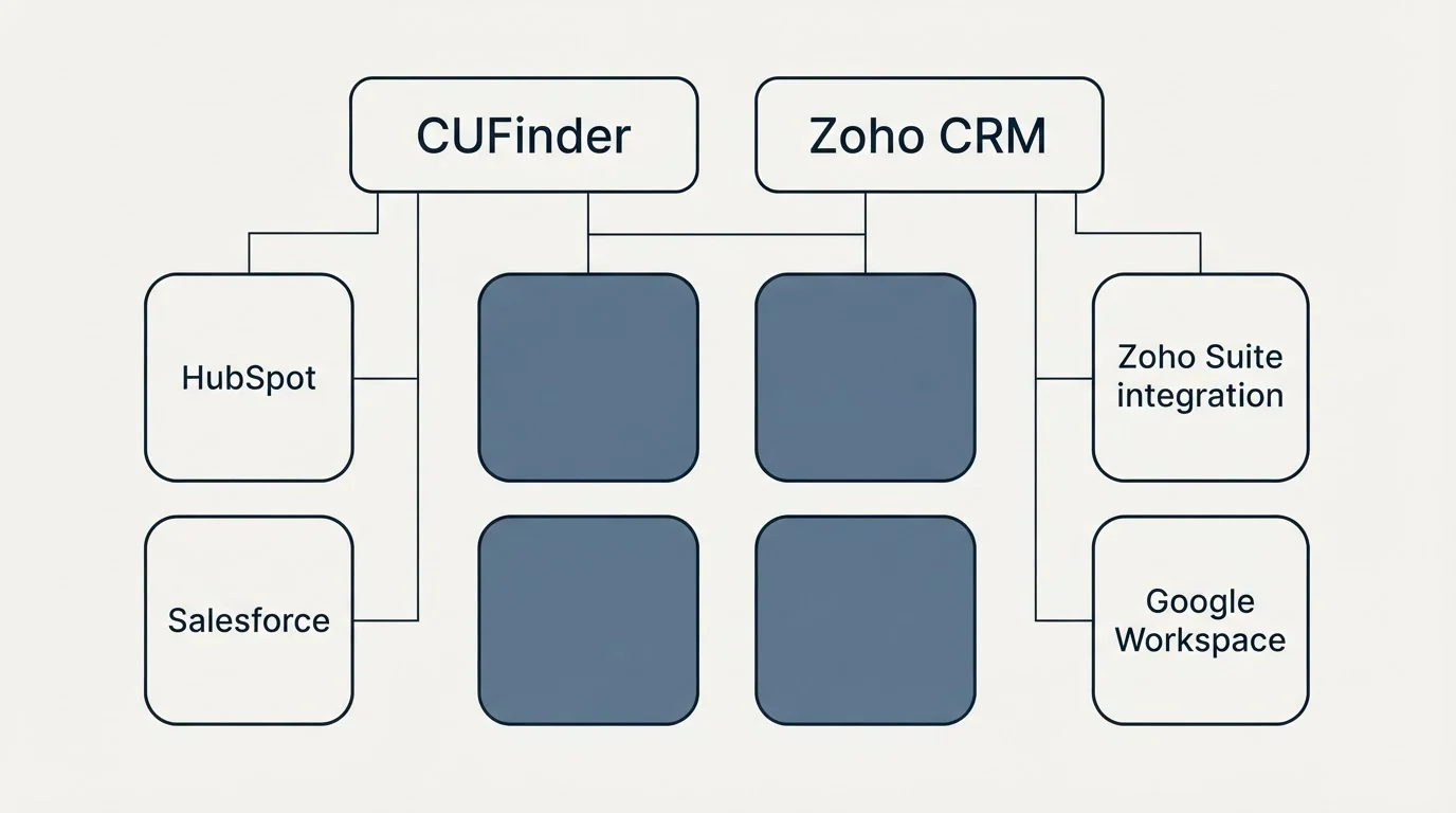 Integration grid: Integration Ecosystem (CUFinder, Zoho CRM, HubSpot, Zoho Suite integration)