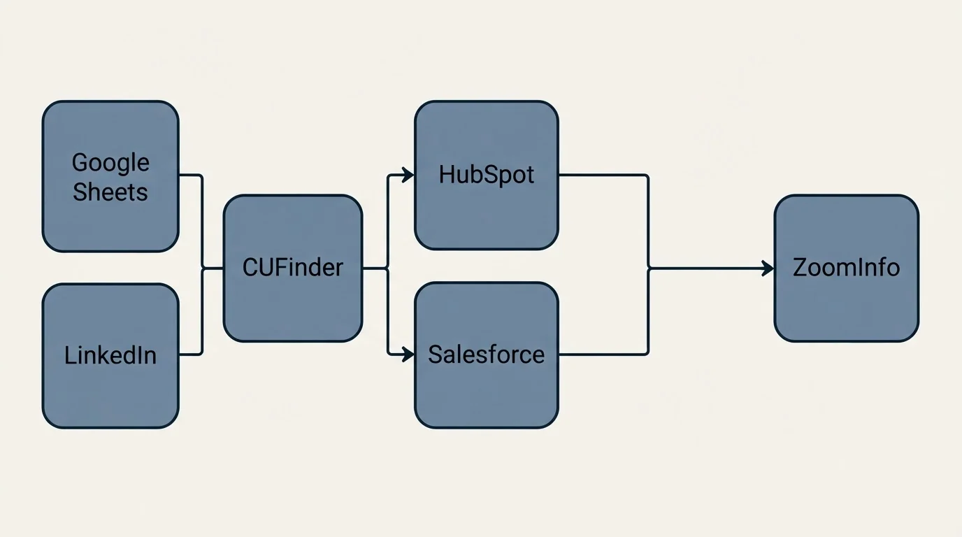 Integration flow: Integration Ecosystem (CUFinder, ZoomInfo, HubSpot, Salesforce)