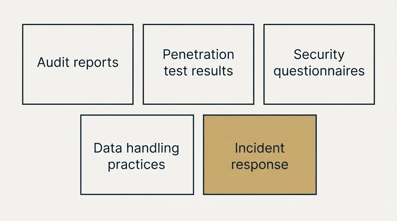 Schematic: Vendor Security Assessment Considerations (Audit reports, Penetration test results, Security questionnaires, Data handling practices)