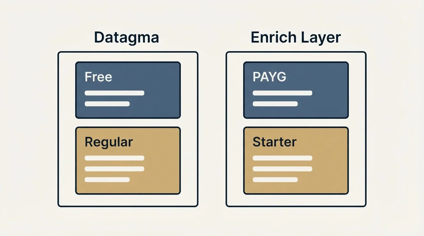 Pricing panels: Pricing Comparison (Datagma, Enrich Layer, Free, PAYG)