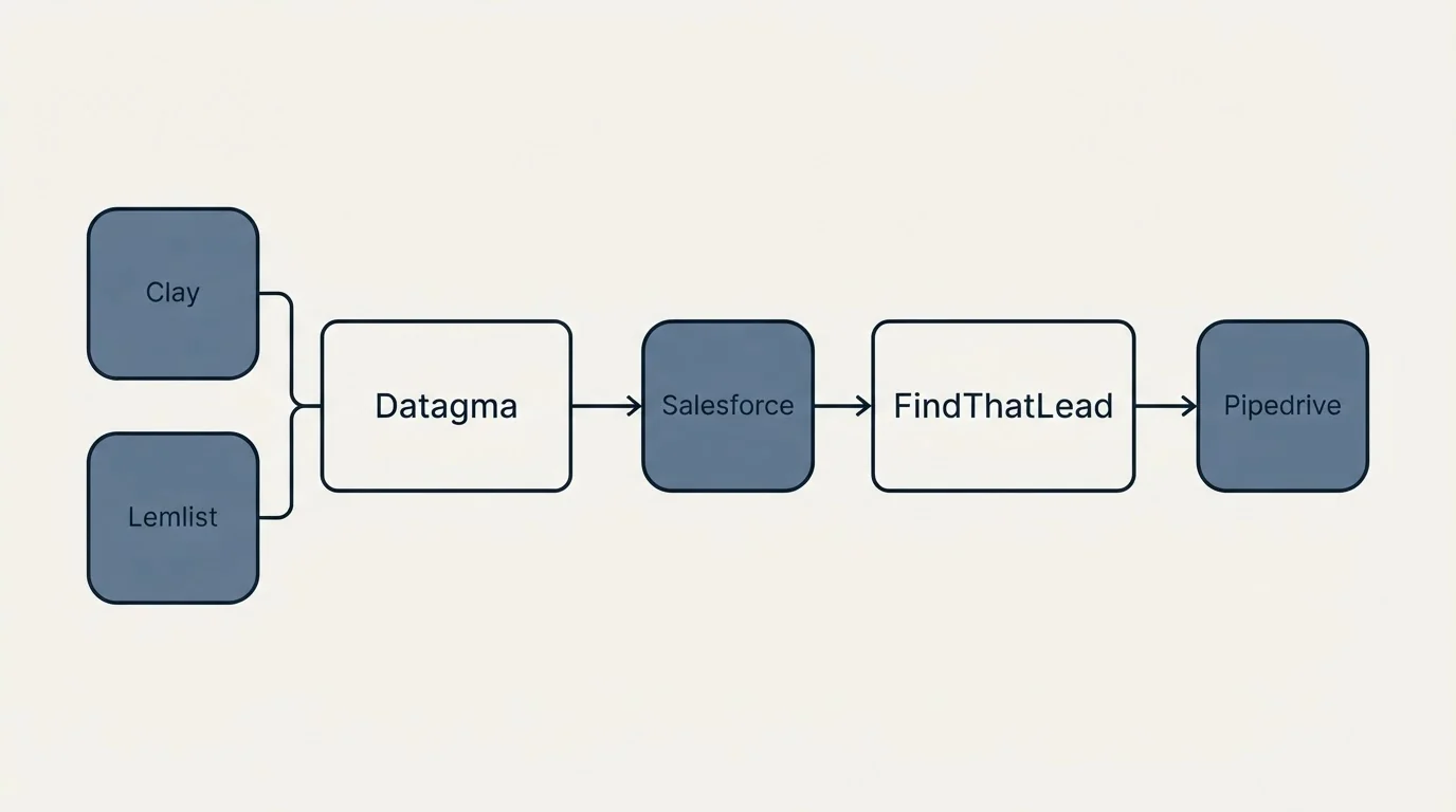 Integration schematic: Integration Ecosystem (Datagma, FindThatLead, Salesforce, Clay)