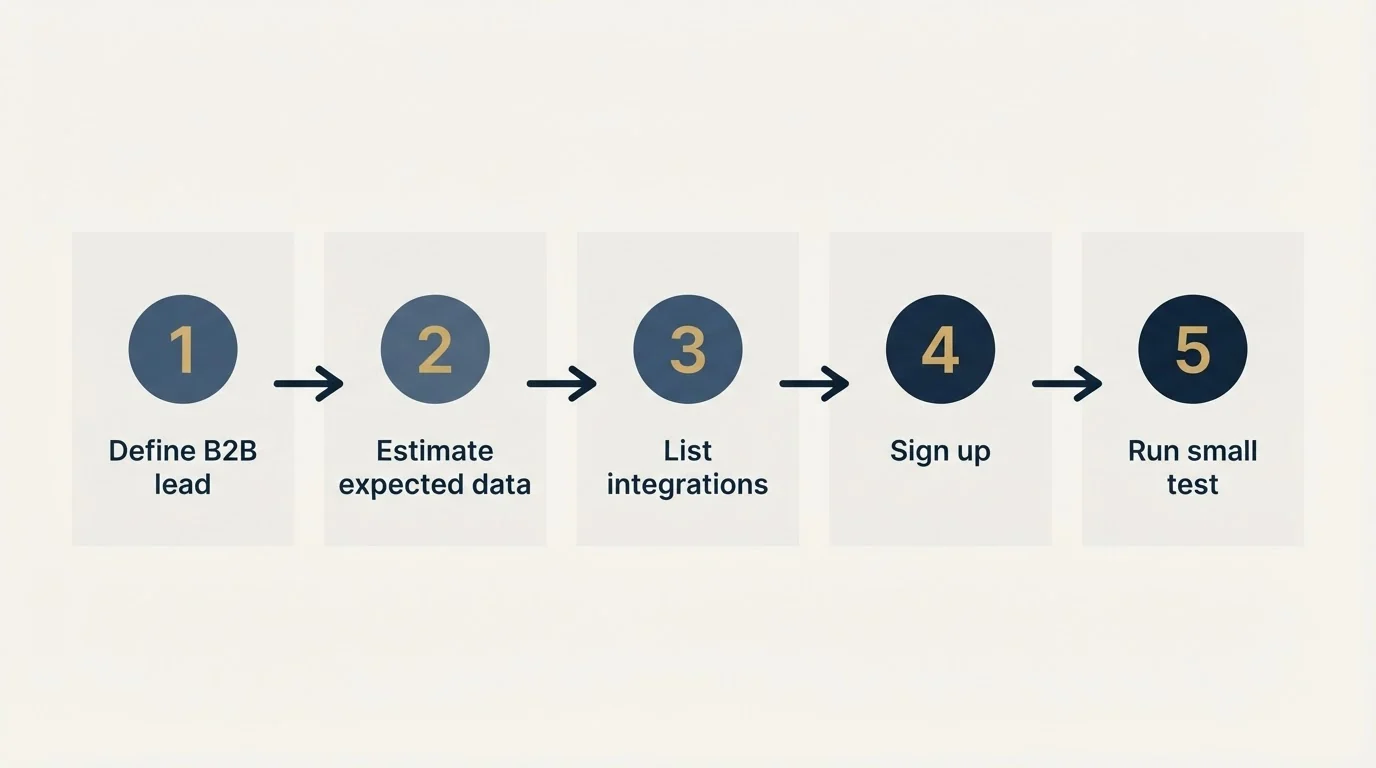 Step sequence: Getting Started Checklist (Define B2B lead, Estimate expected data, List integrations, Sign up)