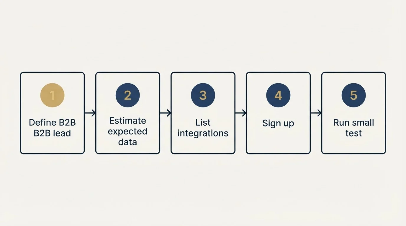 Step sequence: Getting Started Checklist (Define B2B lead, Estimate expected data, List integrations, Sign up)