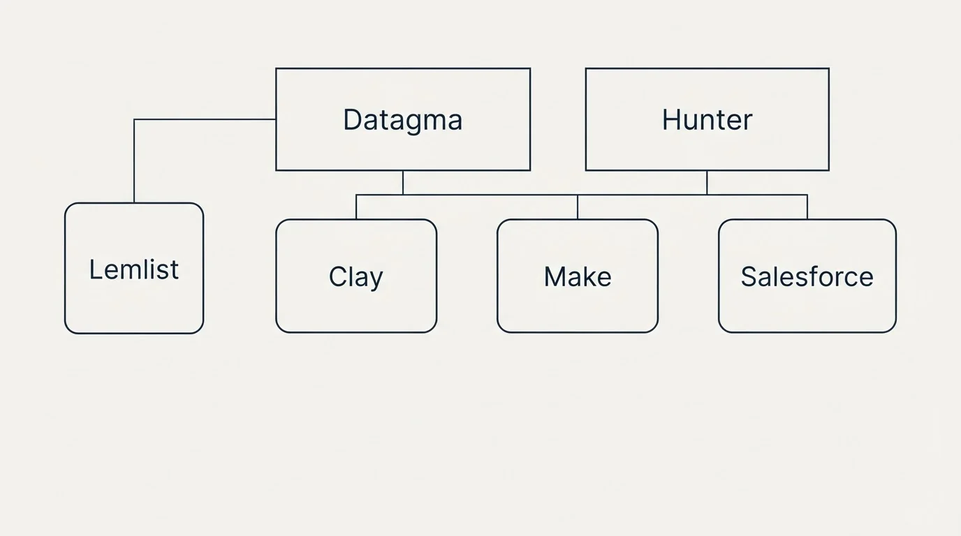 Integration grid: Integration Ecosystem (Datagma, Hunter, Clay, Make)