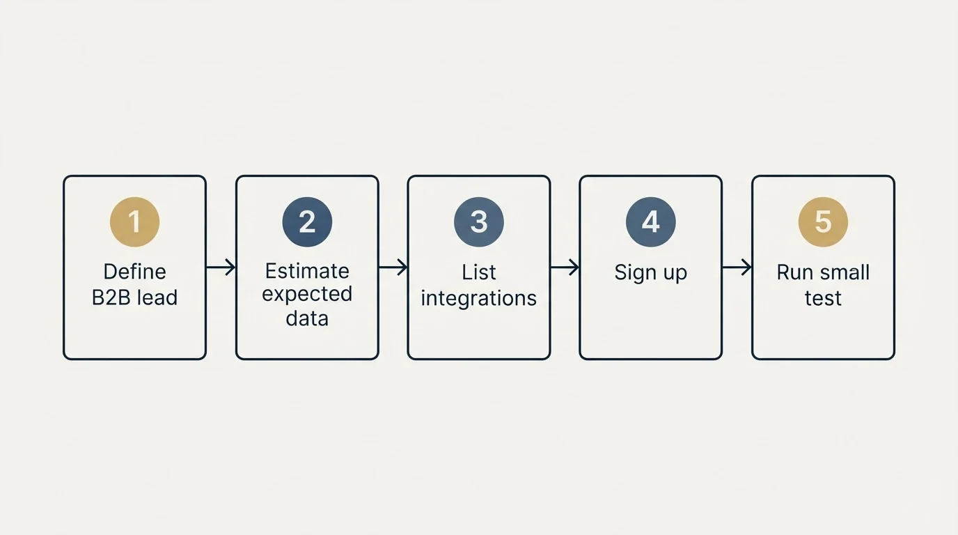 Step sequence: Getting Started Checklist (Define B2B lead, Estimate expected data, List integrations, Sign up)