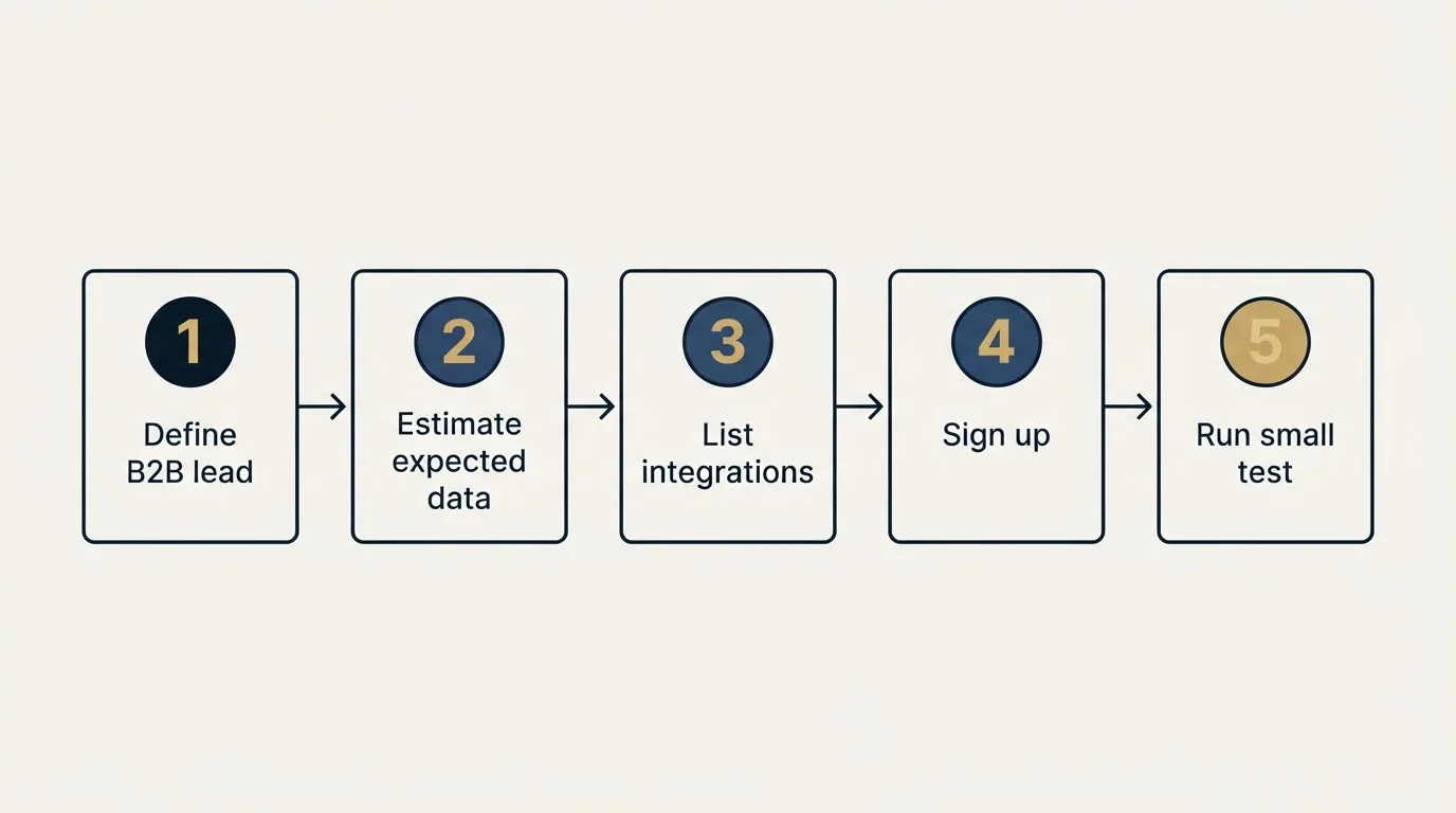 Step sequence: Getting Started Checklist (Define B2B lead, Estimate expected data, List integrations, Sign up)