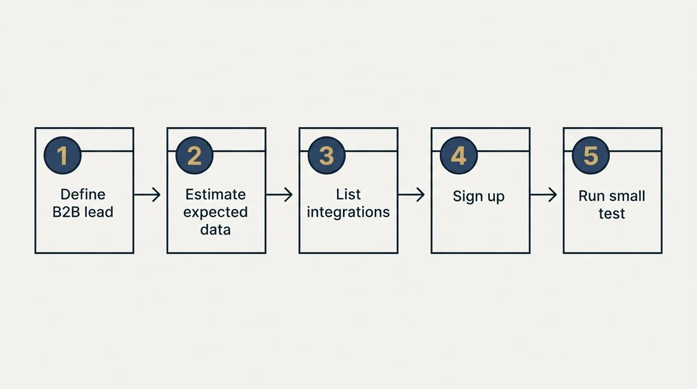Step sequence: Getting Started Checklist (Define B2B lead, Estimate expected data, List integrations, Sign up)
