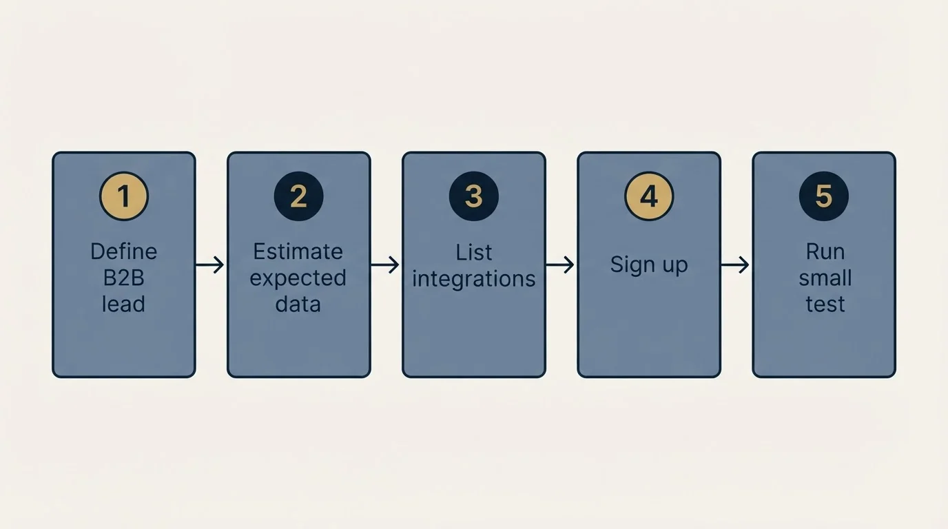 Step sequence: Getting Started Checklist (Define B2B lead, Estimate expected data, List integrations, Sign up)