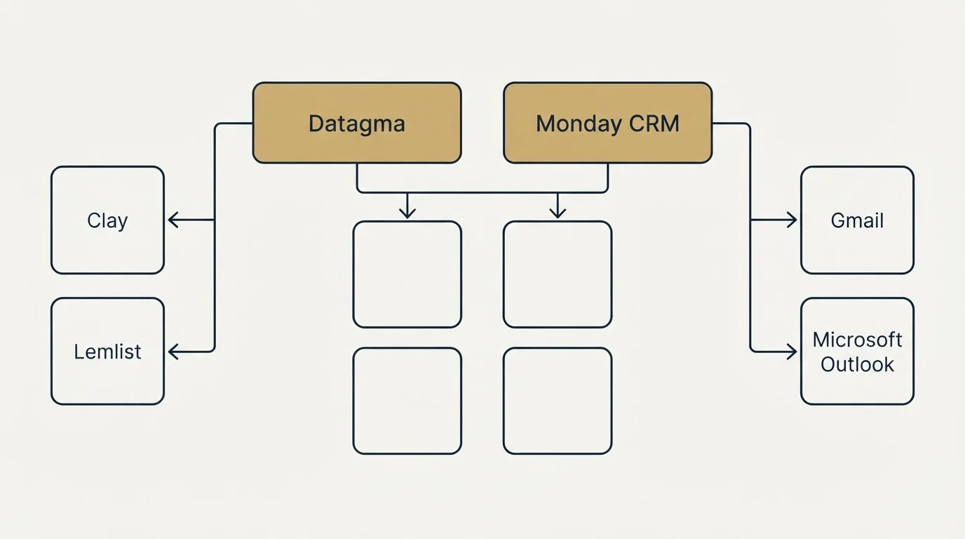 Integration grid: Integration Ecosystem (Datagma, Monday CRM, Clay, Gmail)