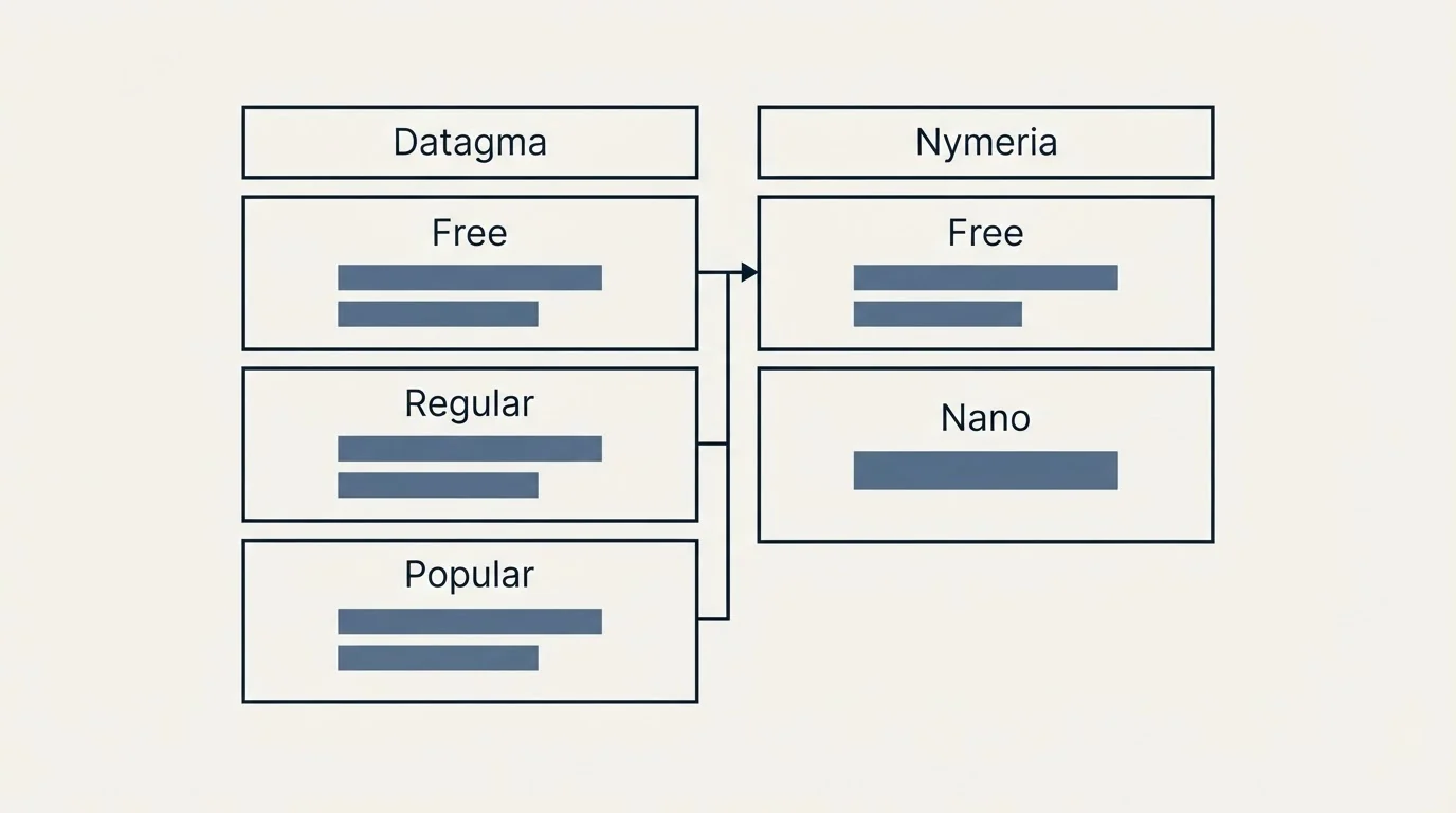 Pricing table: Pricing Comparison (Datagma, Nymeria, Free, Regular)