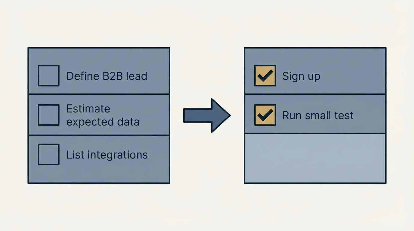 Before-and-after steps: Getting Started Checklist (Define B2B lead, Estimate expected data, List integrations, Sign up)